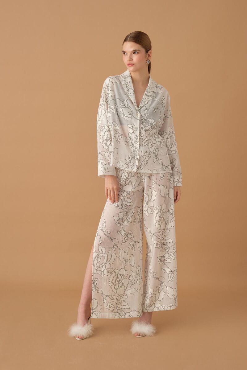 Irıs - Braletli Baskılı Kadın Pijama Takımı - Ivory