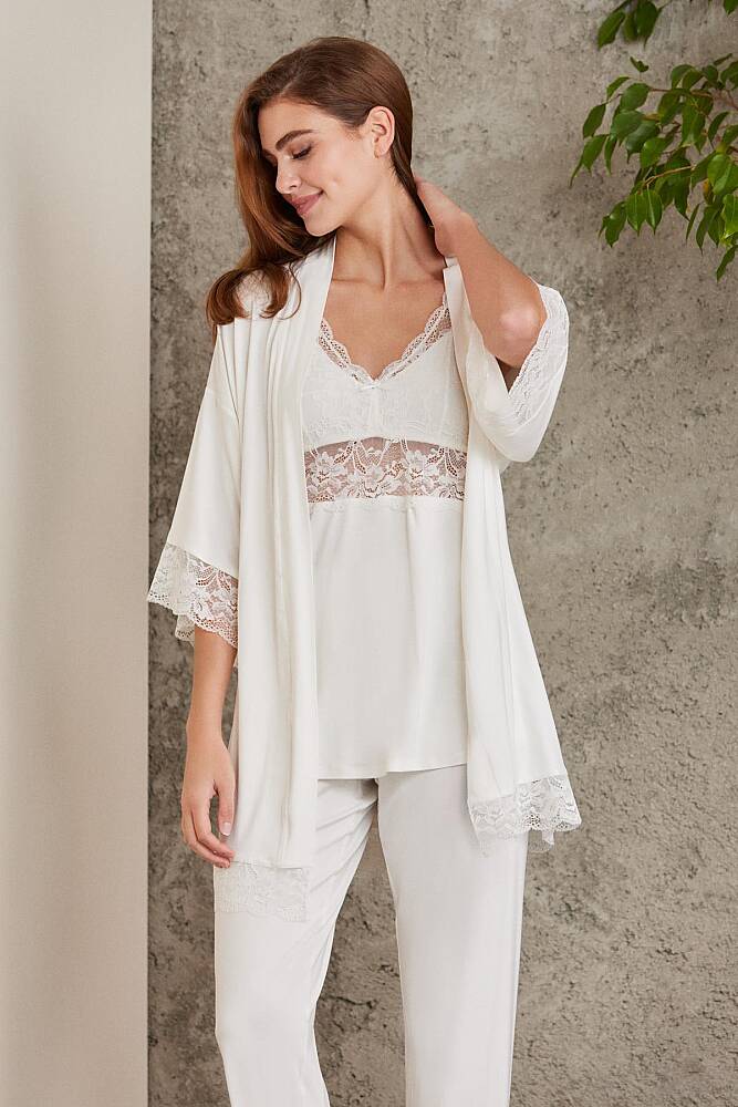 Dantelli Penye 3'lü Lohusa Pijama Takımı 2810 Ekru