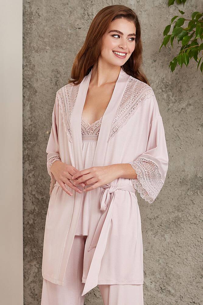Dantelli Penye 3'lü Lohusa Pijama Takımı 2820 Pudra