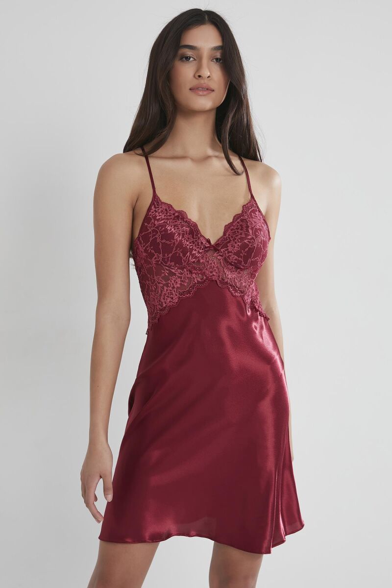 Saten Dantelli Kadın Gecelik -  608 Bordo