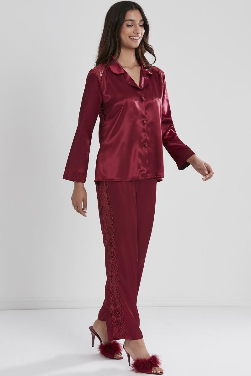 Saten Dantelli Kadın Pijama Takımı - 1438 Bordo