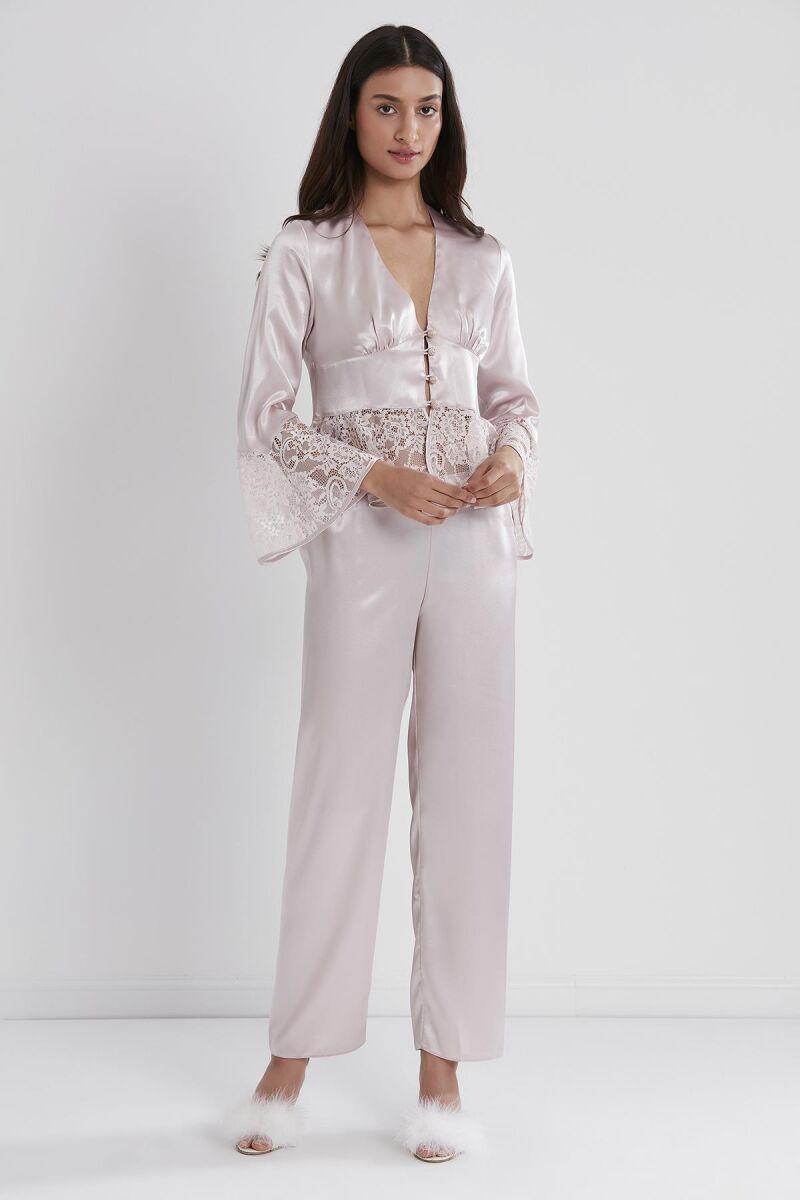 Saten Dantelli Kadın Pijama Takımı  - 1100 Pudra