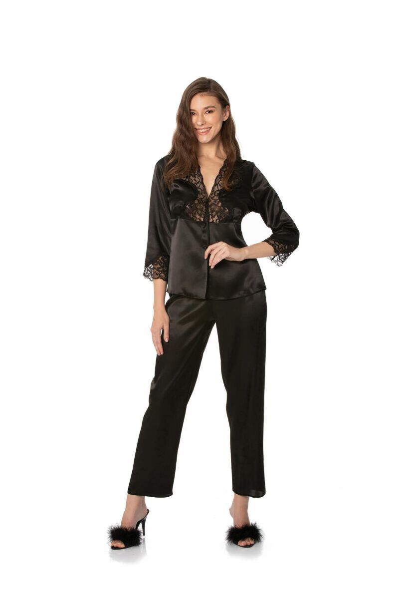 Saten Dantelli Kadın Pijama Takımı  - 1110 Siyah