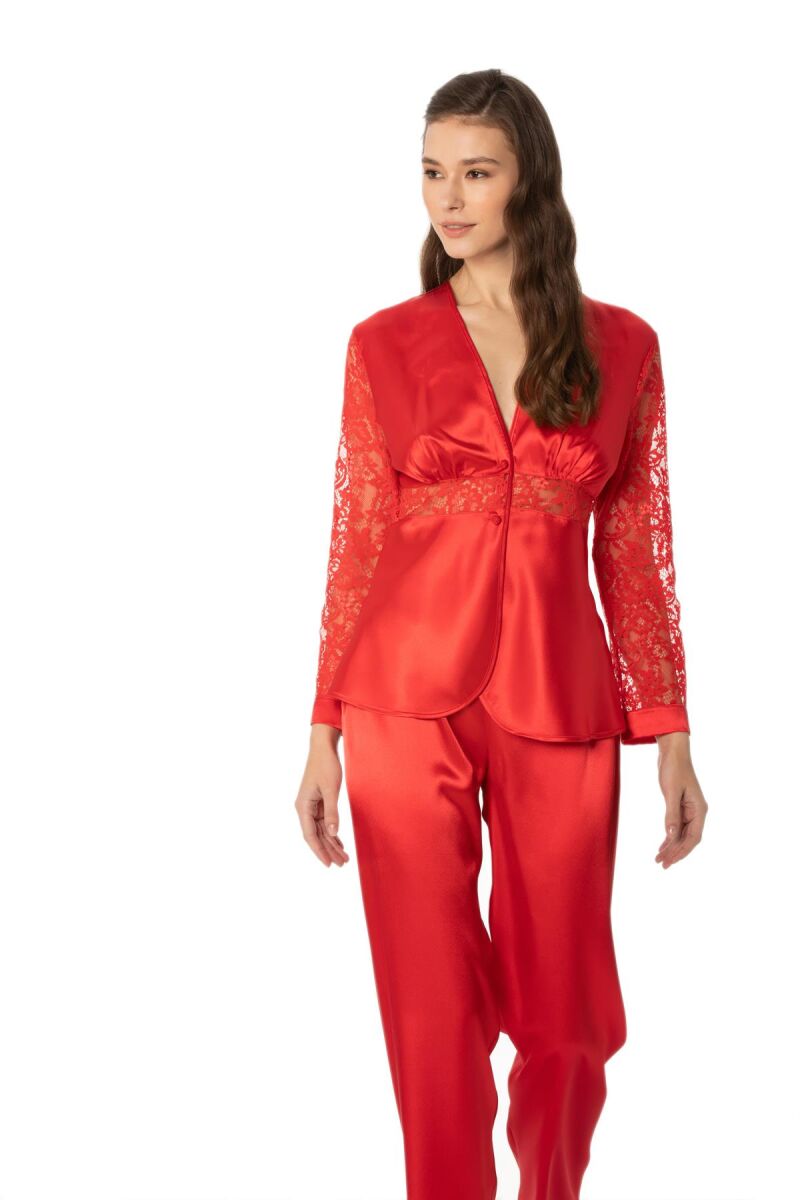 Saten Dantelli Kadın Pijama Takımı  - 1121 Kırmızı