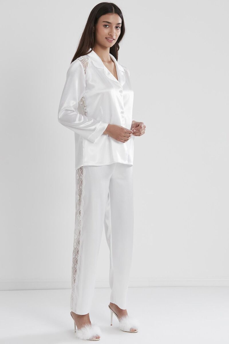 Saten Dantelli Kadın Pijama Takımı - 1438 Ekru