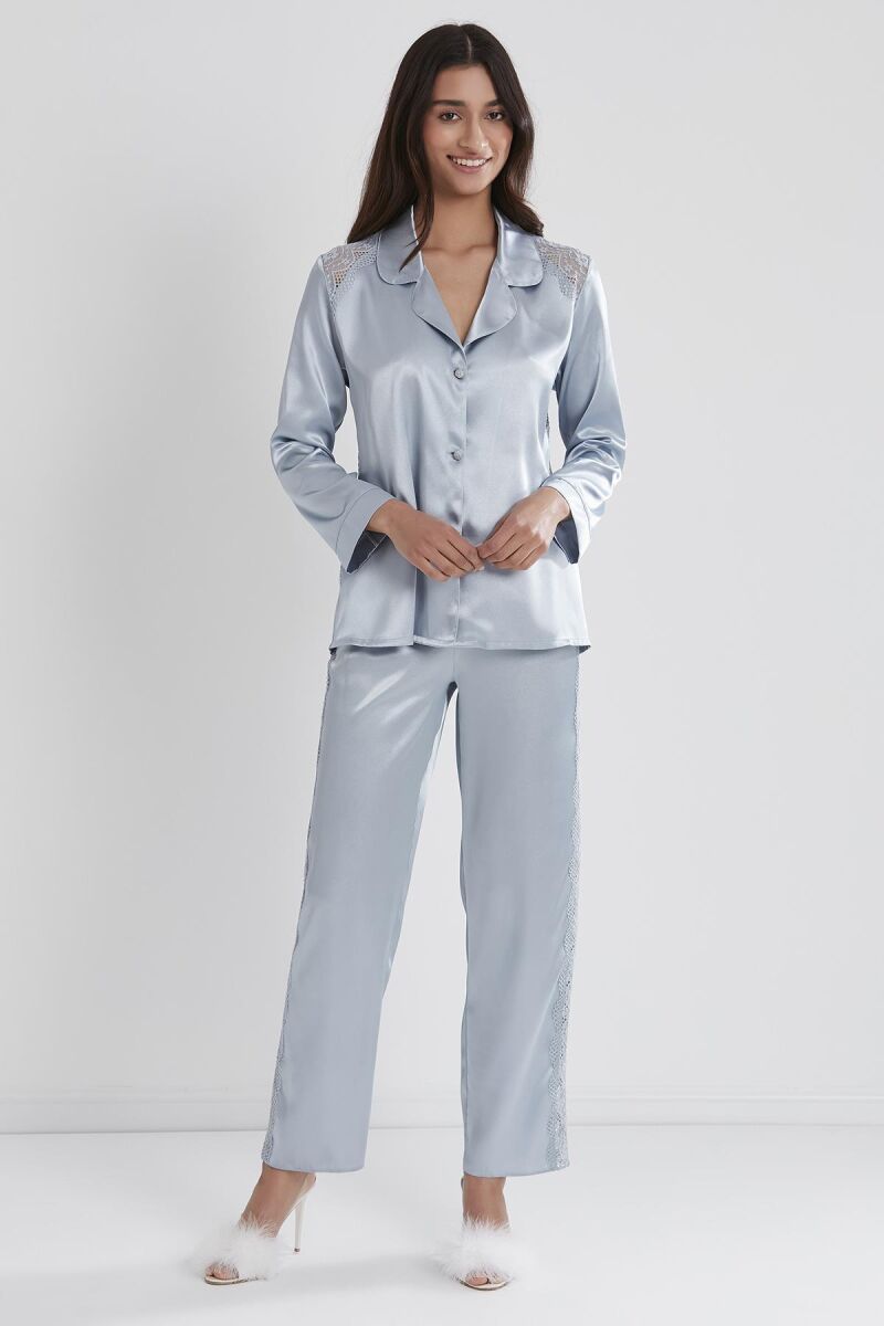Saten Dantelli Kadın Pijama Takımı - 1438 Mist