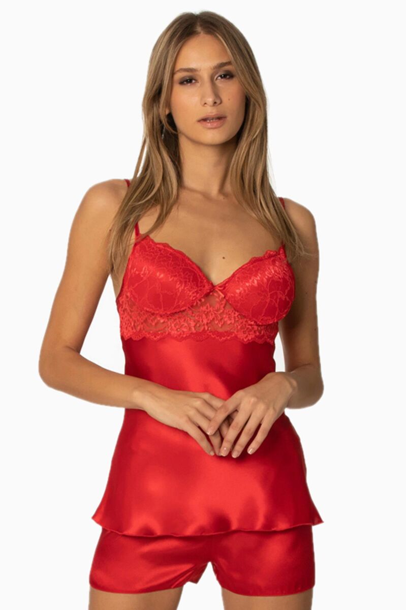 Saten Dantelli Şort - Babydoll Takım - 415 Kırmızı