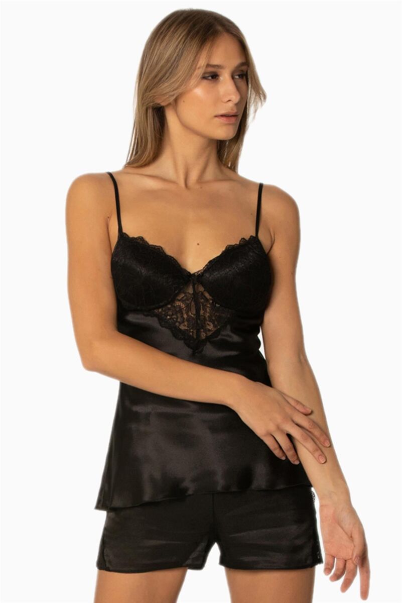 Saten Dantelli Şort - Babydoll Takım - 425 Siyah