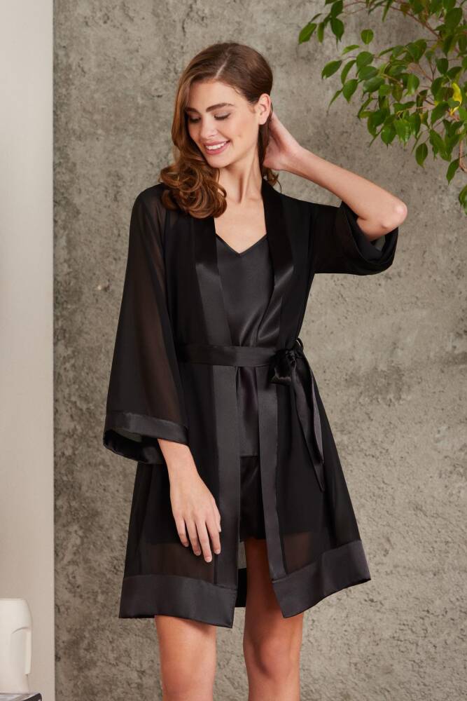 Saten Dörtlü Gelin Çeyiz Seti - 7085 Siyah | Pierre Cardin Night Wear