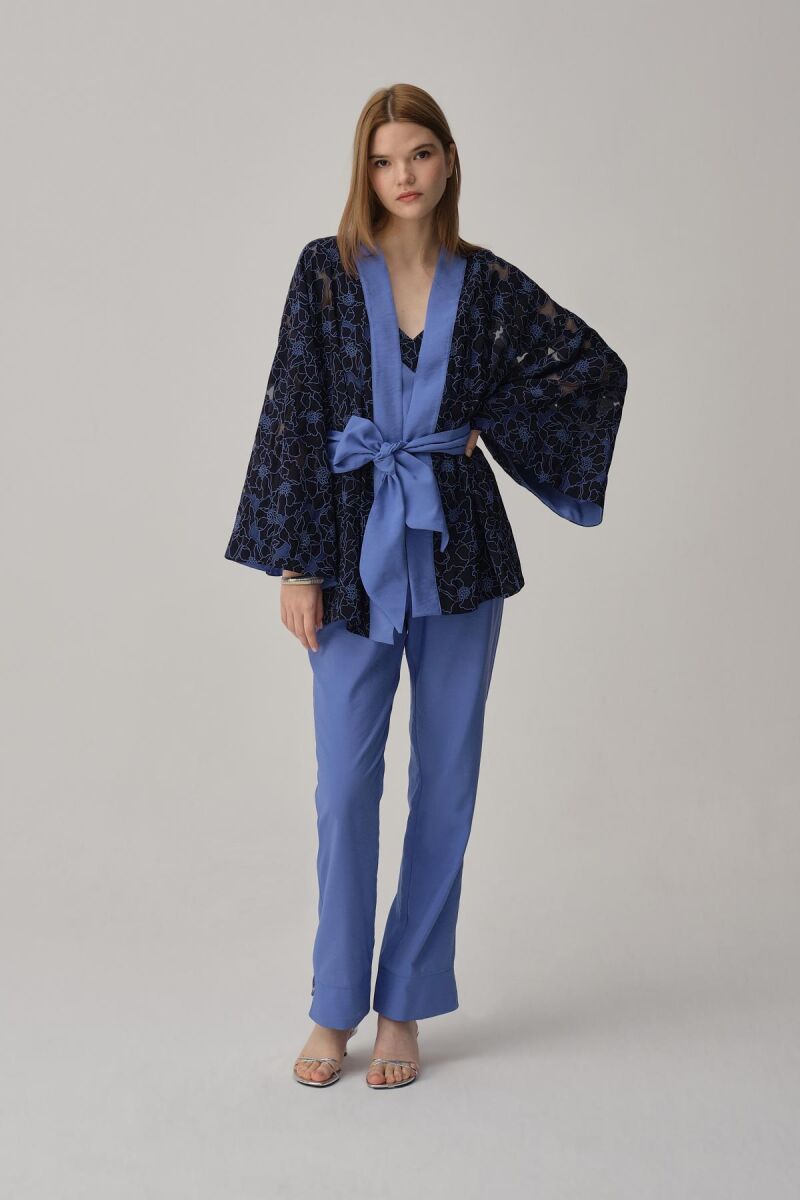 Sophıe - Vegan İpek Kimonolu Kadın Pijama Takımı - Blue