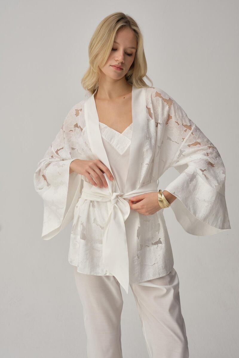 Sophıe - Vegan İpek Kimonolu Kadın Pijama Takımı - Ivory